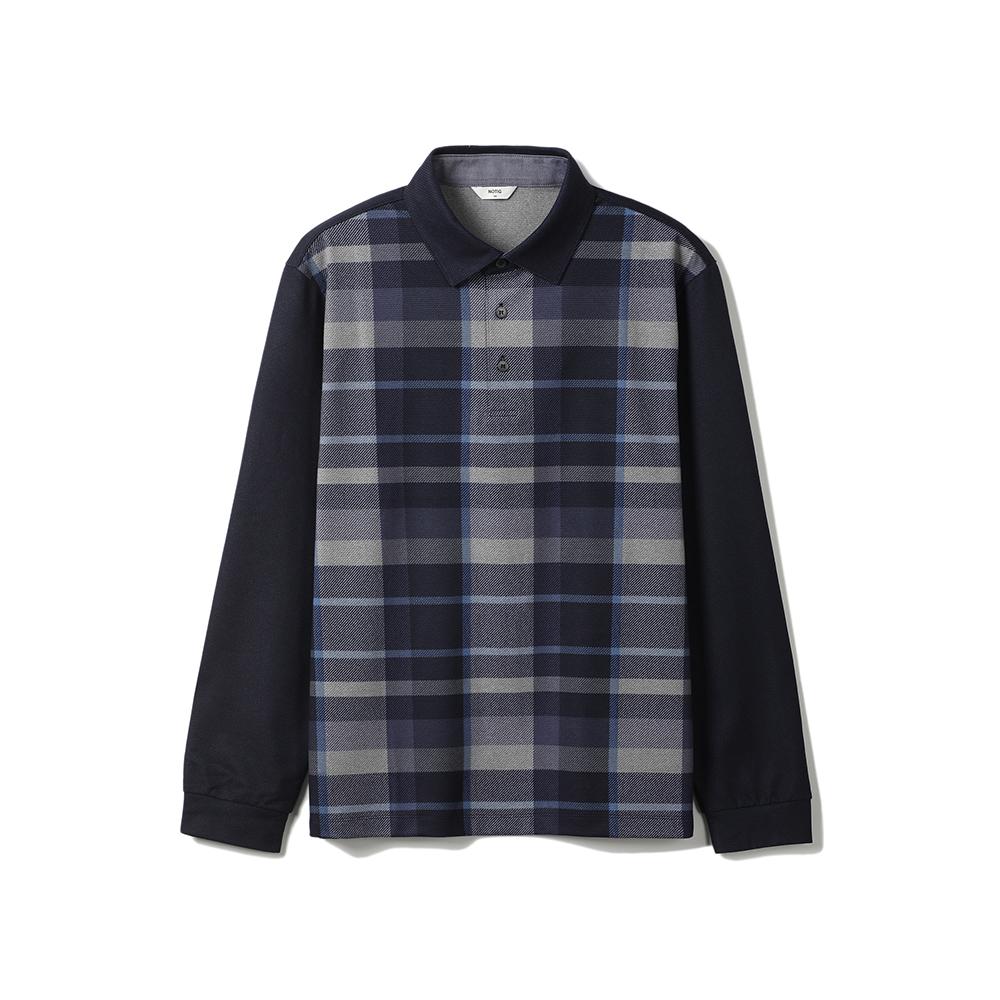NOTIG Polyester Blend Check Print Collared T-Shirt Navy_Oka1T1Tl102N1