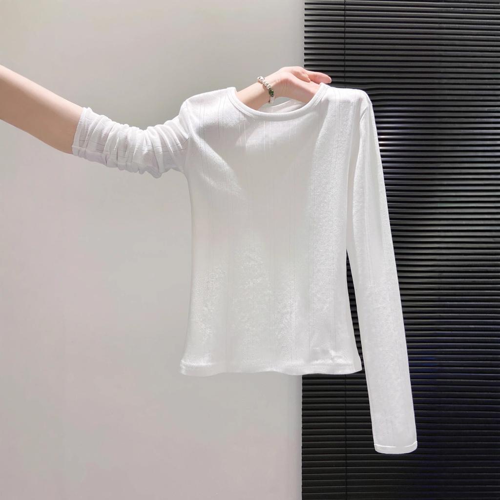 Slim and slim Spice Girl Top Autumn Slight Transparent Crew Neck Jacquard Texture Long Sleeve T-Shirt Front Shoulder Bottom Shirt Women