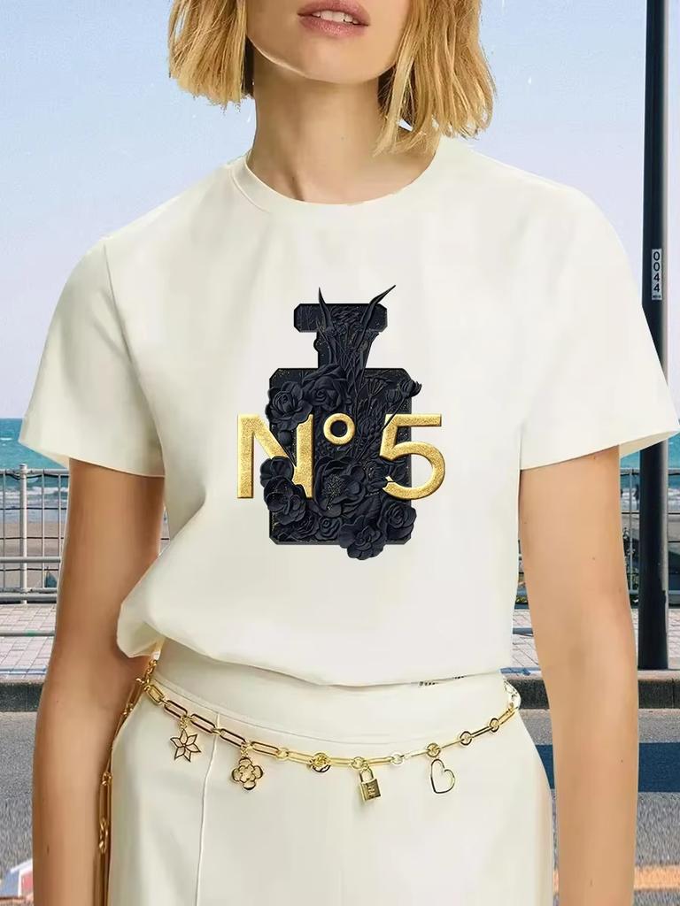 Luxury Brand Fashion Black Perfume Surrey Printed Crew Neck Clothing Short Sleeve Summer Women's Trend Y2K Oversized Tops