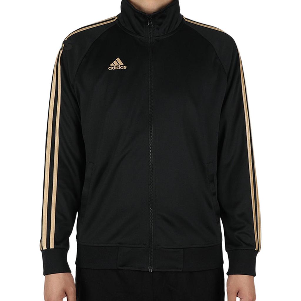 Adidas Куртка с тремя полосками, воротником-молнией и прямыми брюками, повседневный спортивный комплект для мужчин, цвет черный, золотой TR30J1-BG+TR30P-BG