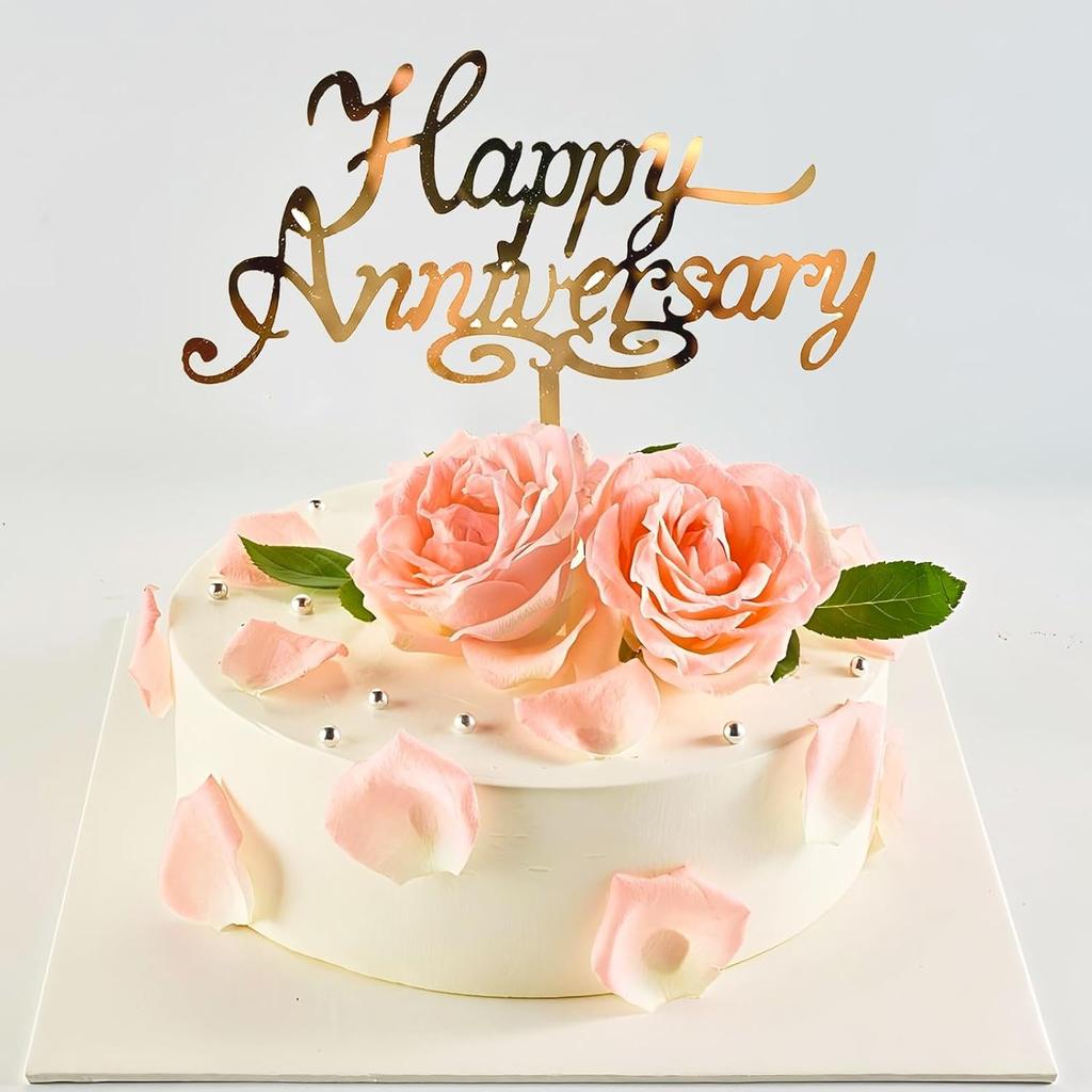 6pcs Happy Anniversary Cake Topper Gold Acrylic Cake Topper, Happy Anniversary Cake Sign, Wedding Cake Decorations Party Supplies