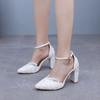 Women Flower Sandals Pointed Toe Pumps Dress Party Square High Heels White Lace Sequin Weding Shoes