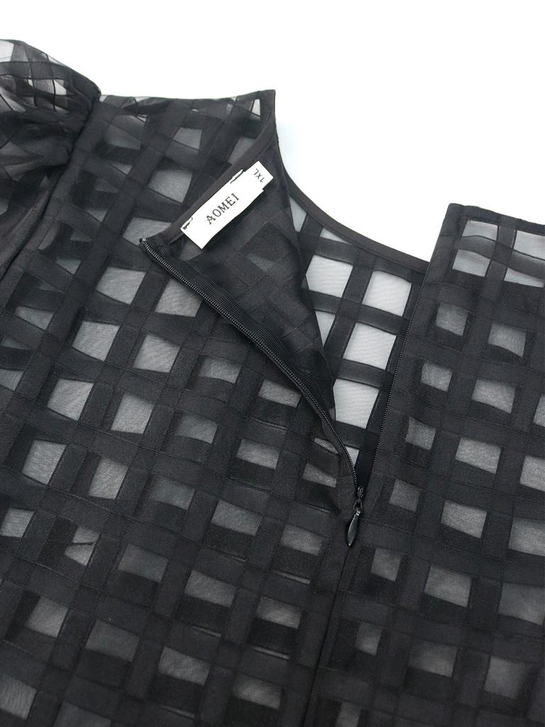 AOMEI Black Plaid Long Sleeve See Through High Waist A Line Evening Casual Daily Party Ball Gowns with Belt