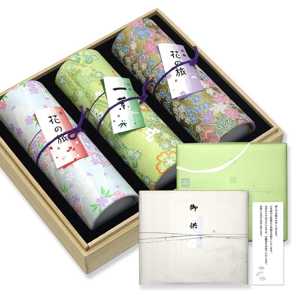 Condolence Incense Gift Set In Paulownia Wood Box [Hanakurabe 3 Types, Sandalwood, with Inner Wrapping and Condolence Message] Low Smoke Incense for