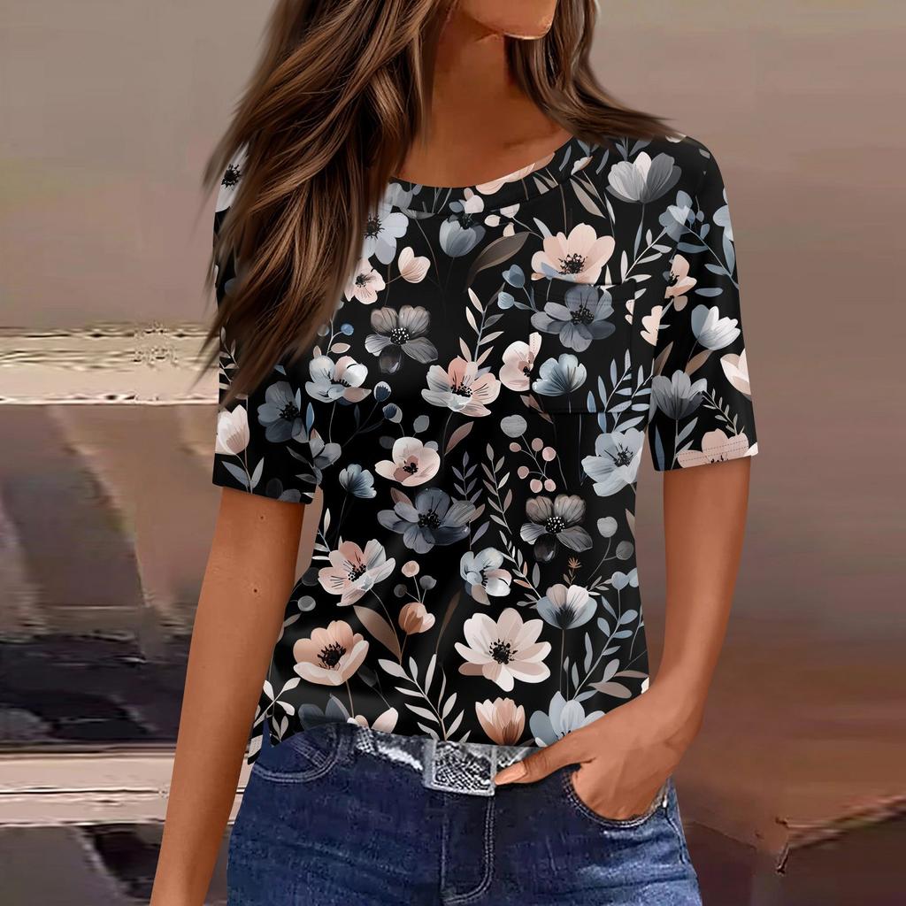 T-Shirts für Damen, Rundhalsausschnitt, elegante, lässige Blusen, bedruckt, kurzärmelig, Sommeroberteile, lockere Passform