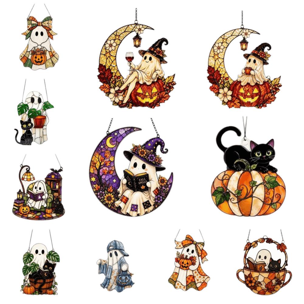 Pumpkin Cat Halloween Ghost Ornaments Colorful Window Hanging Decoration Sun Catcher Outdoor