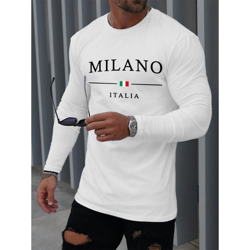 Men's Comfortable Sports Casual Loose Fit Plus Size MILANO ITALIY Printed Round Neck Long Sleeved T-shirt Top