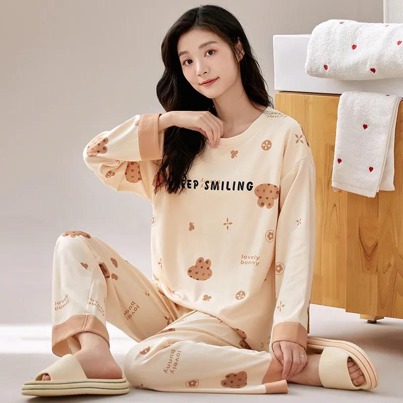 Женский хлопковый пижамный комплект, весенне-осенний пижамный комплект с длинными рукавами, милый мультфильм, зимняя домашняя одежда больших размеров, повседневный свободный пуловер с круглым вырезом, ночная рубашка
