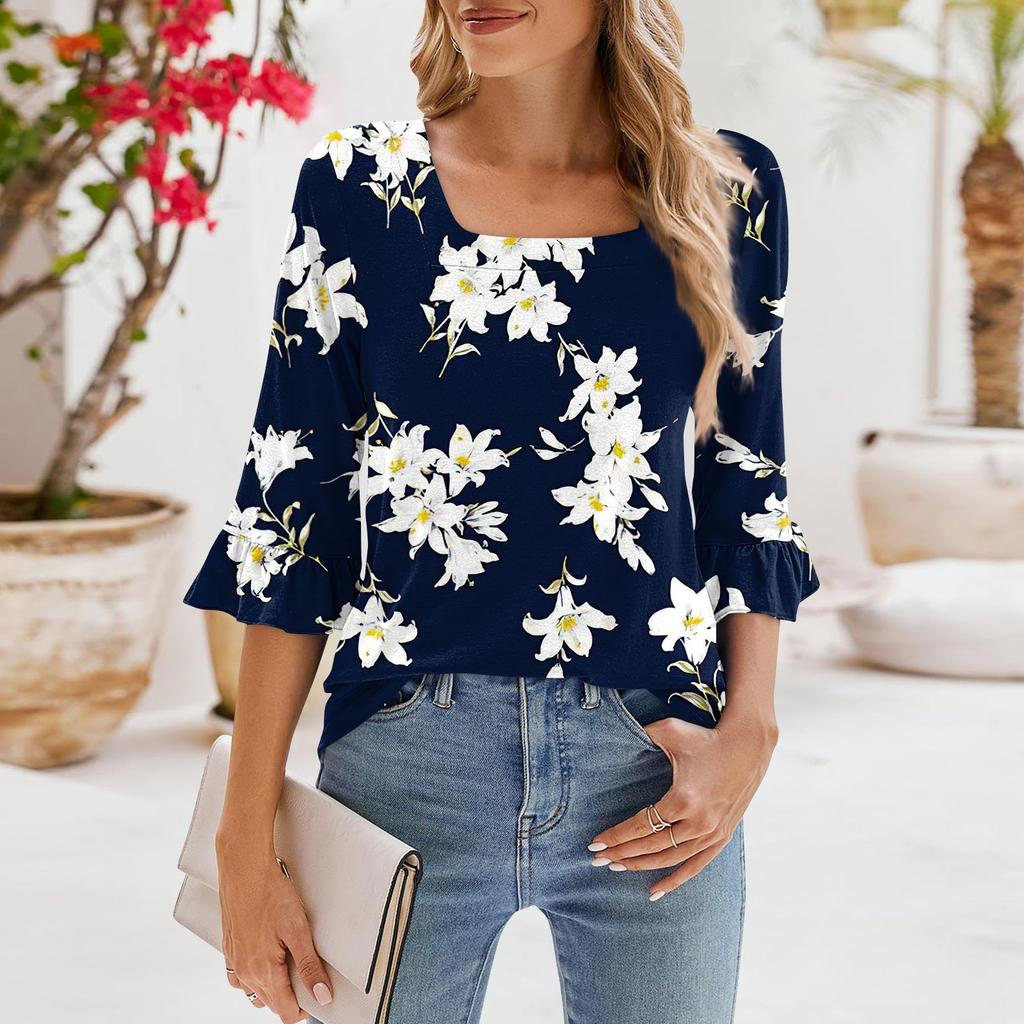 Женские повседневные топы с рукавами 3/4, летние футболки с квадратным вырезом, свободные туники с рюшами, блузки-туники