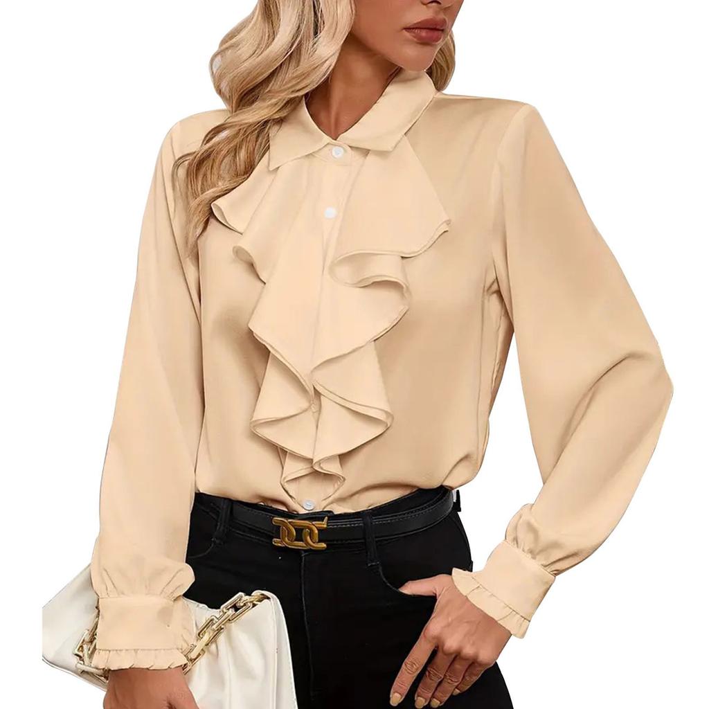 Women's Loose Casual Solid Color Ruffle Edge Shirt Long Sleeved Shirt Fashionable Shirt