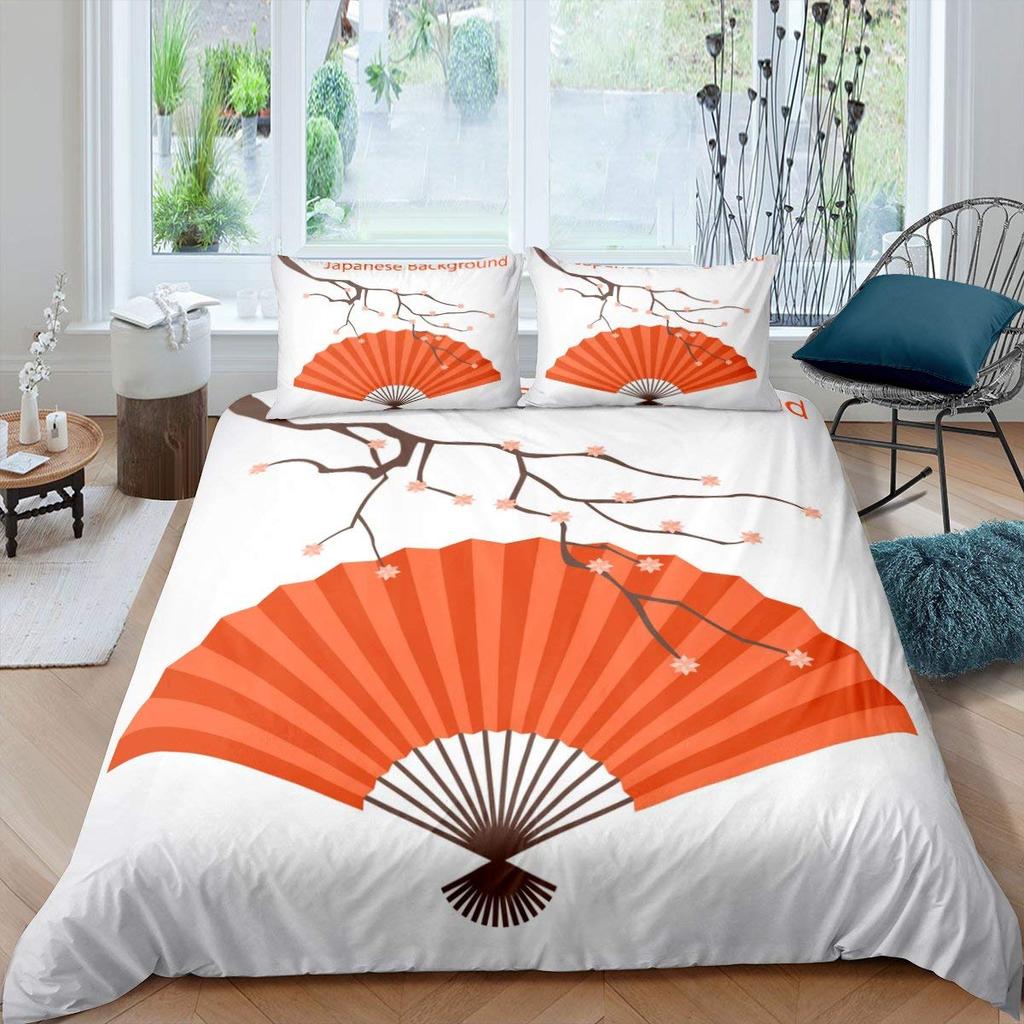 Japanese Style King Queen Duvet Cover Koi Fish Cherry Bedding Set Ukiyo-E Geisha Quilt Cover Sun Crane Polyester Comforter Cover
