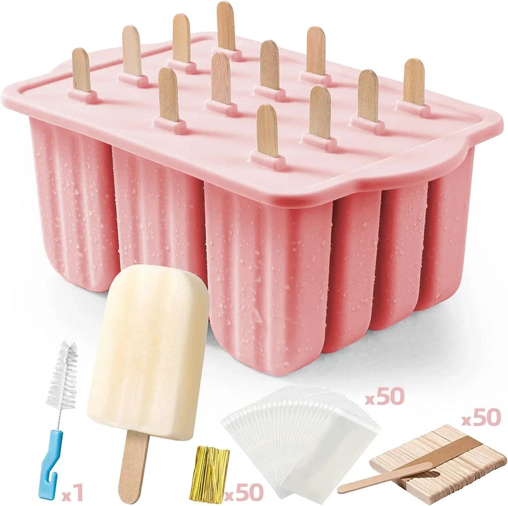 Silicone Ice Lolly Mould Tools with 50 Ice Cream Sticks and Packaging Bag DIY Ice Cream Maker Can Make 12pcs Ice Cream At Once