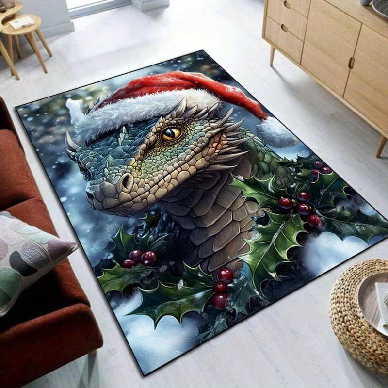 Christmas Dragon Rug Festive Holiday Carpets Green Dragon with Holly Berries Design Winter Seasonal Decor Skid resistant carpet