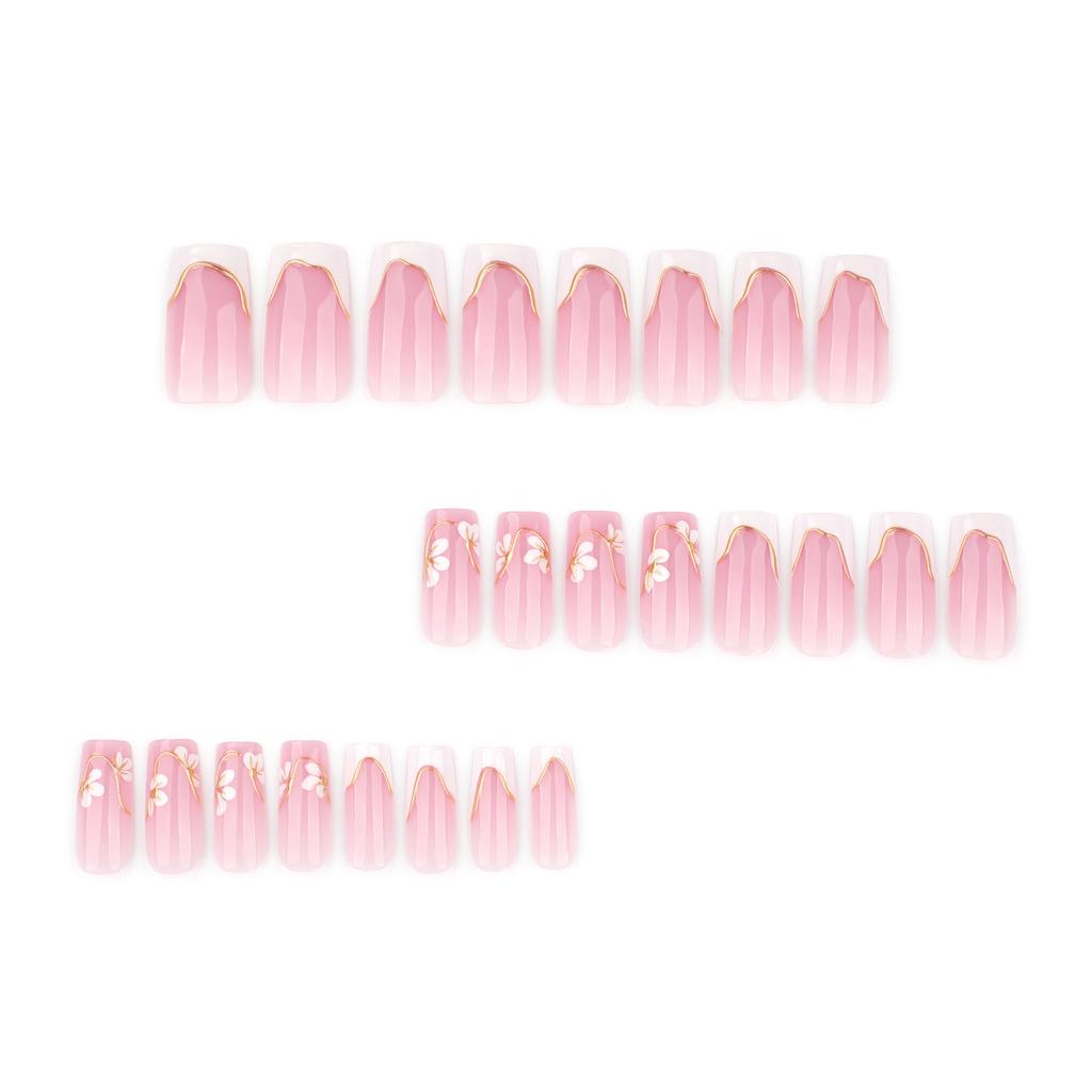 24Pcs French White 3D Embossed Flower Fake Nails Resin Comfort Fit For Adult Women