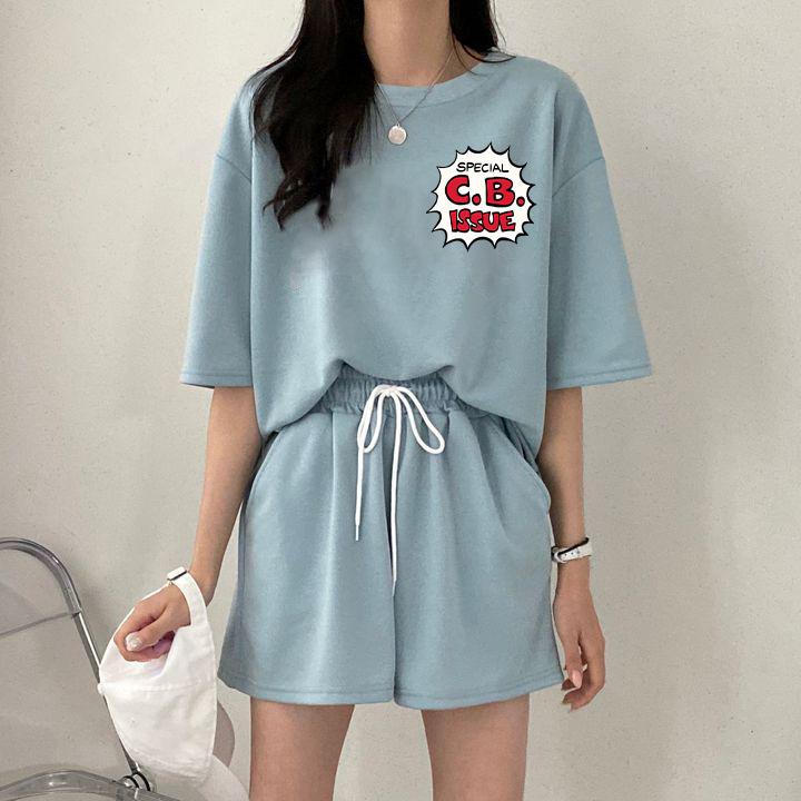 Женский летний повседневный спортивный свободный топ с коротким рукавом и шорты с принтом букв хлопковый комплект одежды из двух предметов