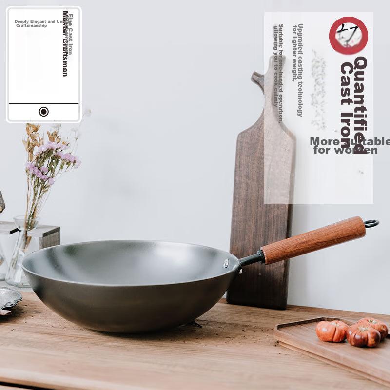 Cast Iron Wok, Uncoated Iron Pan, Cooking Pan for Home Use, Low Smoke, Round Bottom Frying Pan, Gas Stove Cookware, 30cm