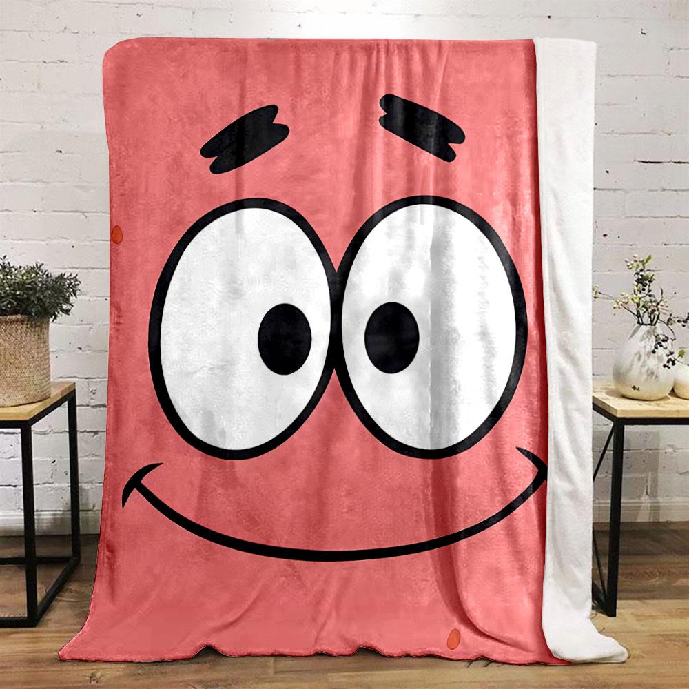 Simple cartoon face with big eyes, arched eyebrows, and a wide smile. for all seasons blanket lunch break throw gift