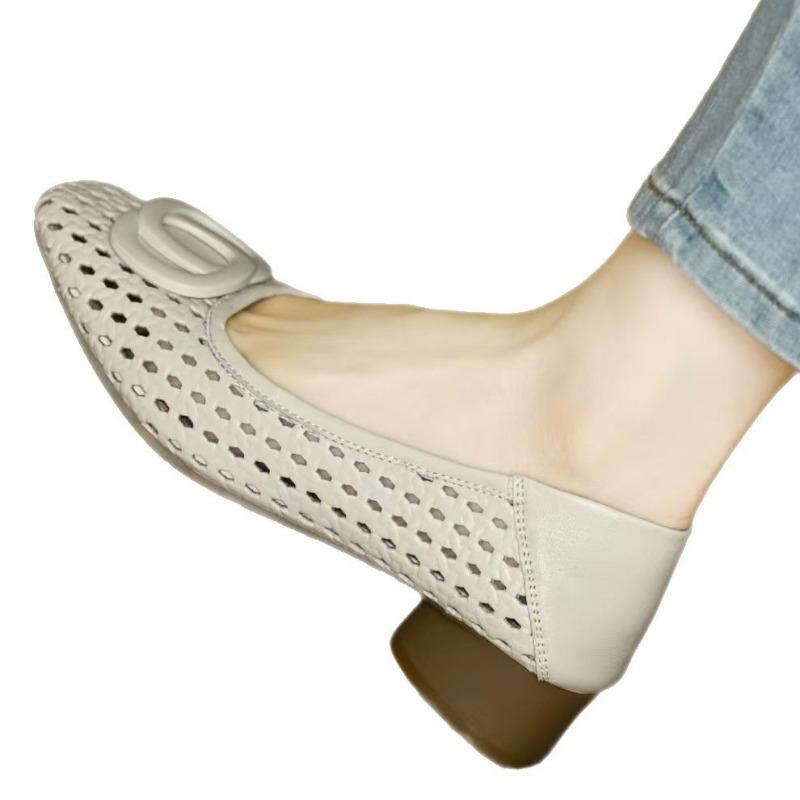 Commuter Metal Buckle Square Head Breathable Hollow Hole Shoes Retro Soft Leather Thick Heel Mary Jane Small Leather Shoes Women