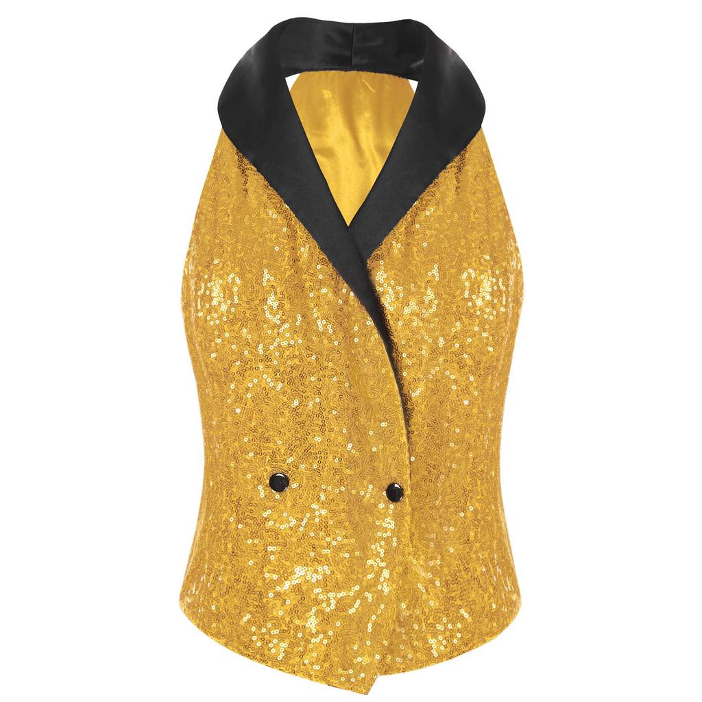 Женская блестящая блузка с пайетками, V-образный вырез, лацканы, дизайн без рукавов, застежка на кнопки спереди, нарядный топ