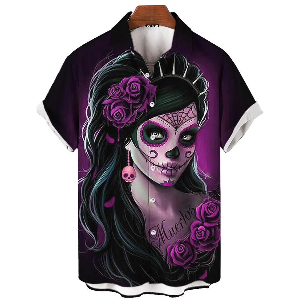 Рубашка с изображением Дня мертвых, мужские рубашки с изображением черепа, 3D-принт с коротким рукавом, ретро-свободная мужская одежда больших размеров, праздничная одежда