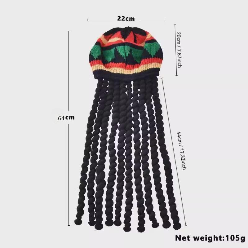 European Wool Knitted Rainbow Beret Dreadlock Wig for Halloween Reggae Style