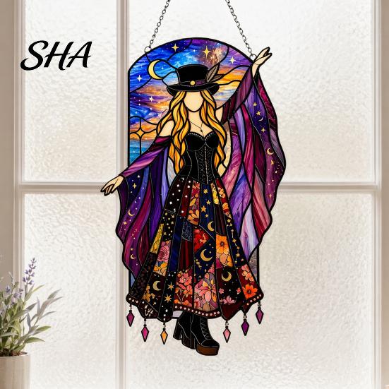 Metal Chain Sun Catcher Dancing Lady Catcher, Boho Acrylic Hanging Ornament, Retro Starry Sky Ornament Moon Gothic Woman Window Spinnner for Home Room