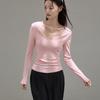 Womens Deep V-Neck Long Sleeve T-Shirt 40s Combed Cotton Slim Fit Regular Shoulder Casual Top 2026