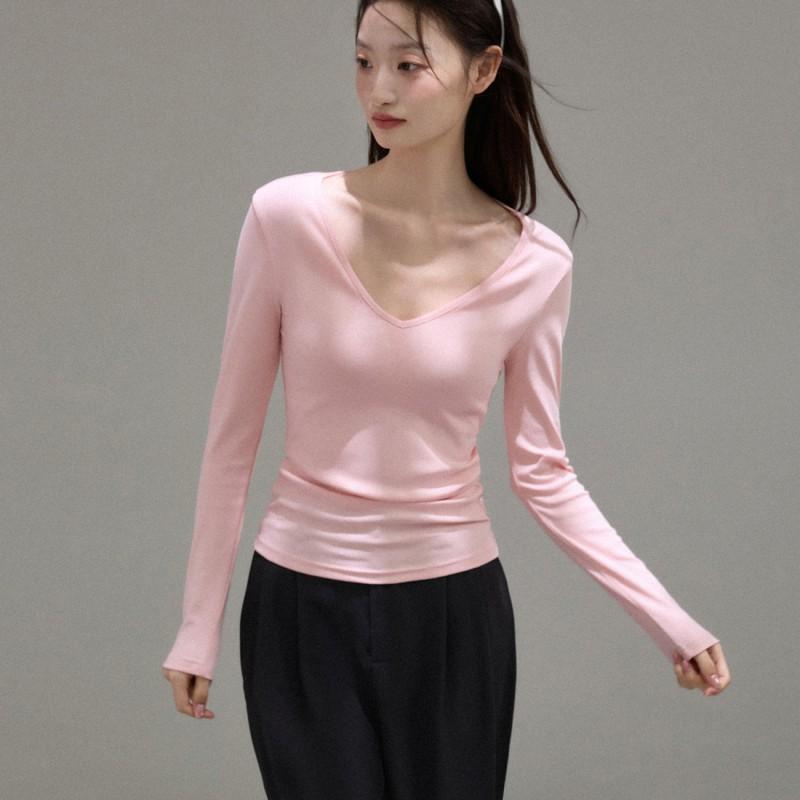 Womens Deep V-Neck Long Sleeve T-Shirt 40s Combed Cotton Slim Fit Regular Shoulder Casual Top 2026