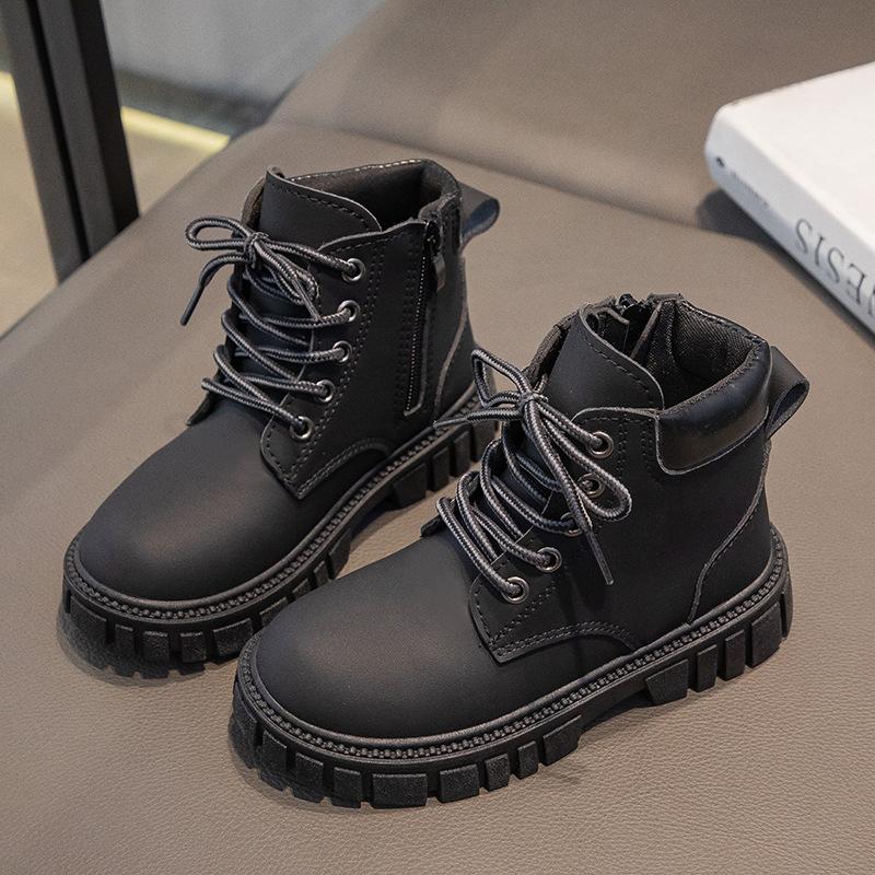 Модные ботинки для мальчиков и девочек, короткие ботинки, нескользящие ботинки, детские ботинки на молнии сбоку, одинарные ботинки, кожаные ботинки, противоскользящие