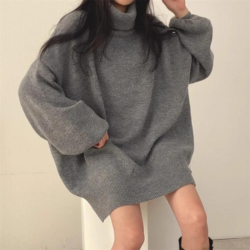 Зимний повседневный вязаный длинный рукав однотонный мешковатый свитер корейская мода женский шикарный водолазка теплый сексуальный свитер