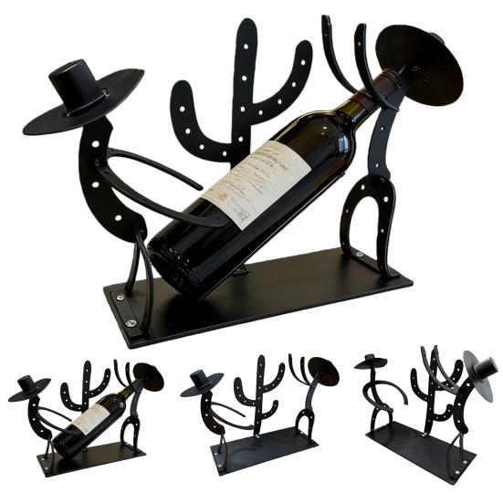 Wine Bottle Holder Cowboy Cactus Silhouette Rustic Southwestern Metal Wine Rack Tabletop Stable Storage Organizer Dining Room Western Decor