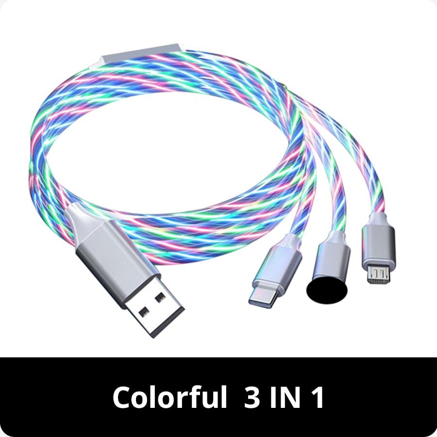 Светящийся светодиодный светильник 3 в 1, кабель Micro USB Type C для быстрой зарядки 3A для iPhone, Samsung, Xiaomi, Redmi, зарядное устройство для телефона, USB-кабель