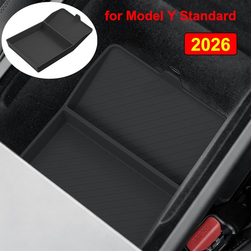 Armrest Lower Storage Box For Tesla Model Y Standard RWD 2026 Silicone Center Console Armrest Storage Box Car Organizer Tray Mat