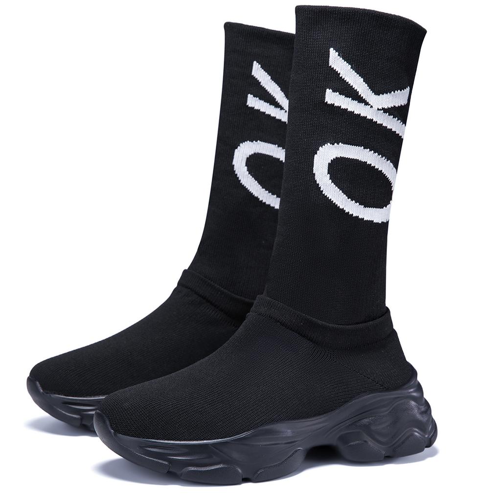 TUINANLE Thick Sole Long Boots for Women Elastic Socks Shoes Boots Mid-calf Round Toe Low Heels