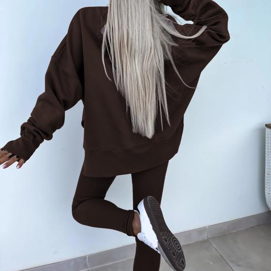 2 шт./комплект женский топ брюки костюм круглый вырез длинный рукав асимметричный подол толстовка эластичный пояс однотонные брюки зимний повседневный спортивный костюм