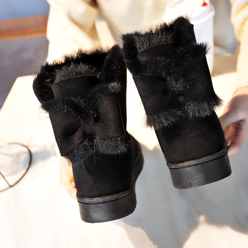 Женские короткие замшевые сапоги с бантом в корейском стиле 2024 года осень/зима — на плоской подошве, удобные и стильные