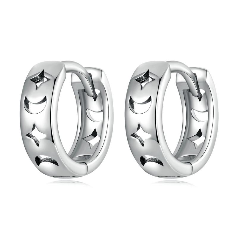 WOSTU Classic 925 Sterling Silver Hollow Star Moon Hoop Earrings For Women Party Jewelry s925 Silver Ear Clips Earring Punk Gift