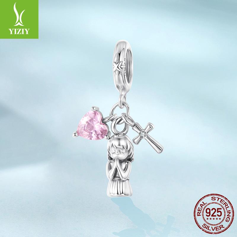 Pink Love Cross Pendant Accessories Cute Little Angel S925 Sterling Silver Bracelet Beaded