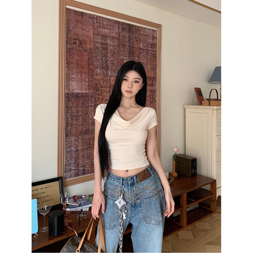 Design swinging collar short-sleeved T-shirt for women, summer new waist pinch slim and thin Korean top