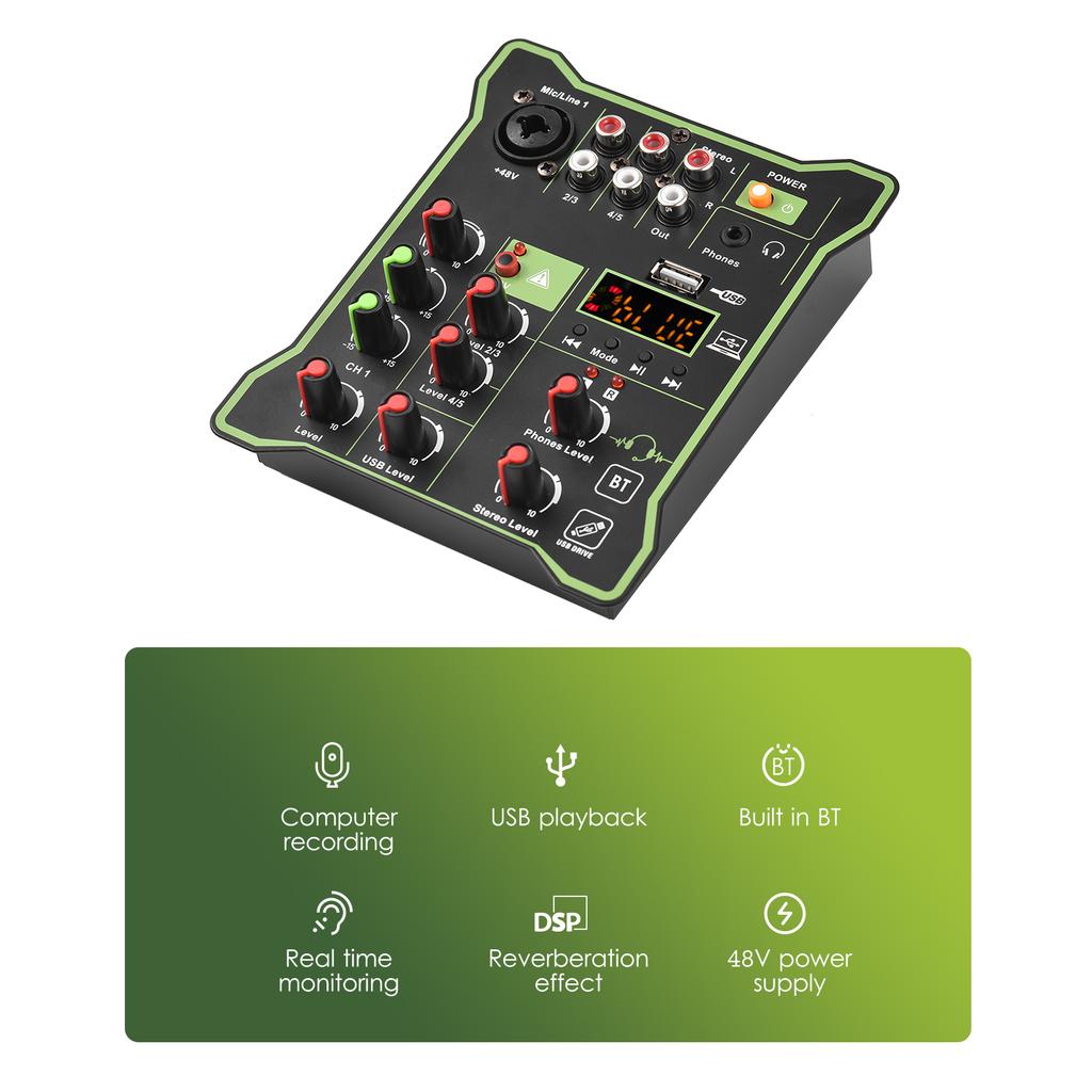 5-канальный компактный аудиомикшер, консоль для микширования звука, фантомное питание, 48 В, USB-аудиоинтерфейс, светодиодная подсветка