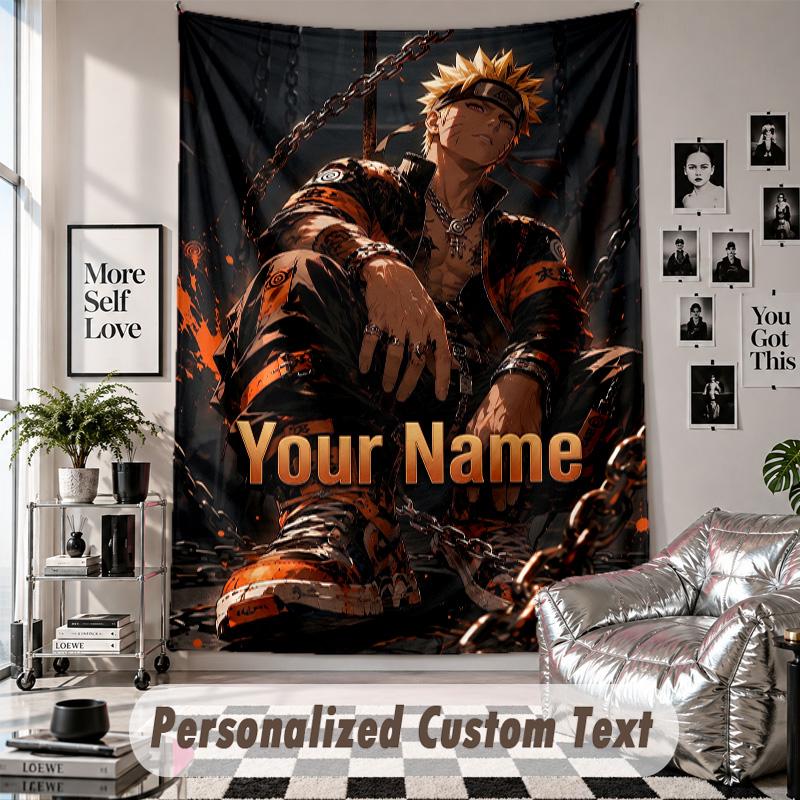 Wall Hanging Tapestry With Custom Name & Text, Naruto Decorative Tapestry For Bedroom