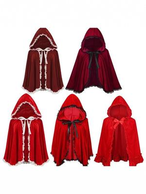 Женская красная накидка с капюшоном, отделанная кружевом - Плащ для костюма на Хэллоуин, Короткий тренч в стиле ретро, Одежда для сценических выступлений