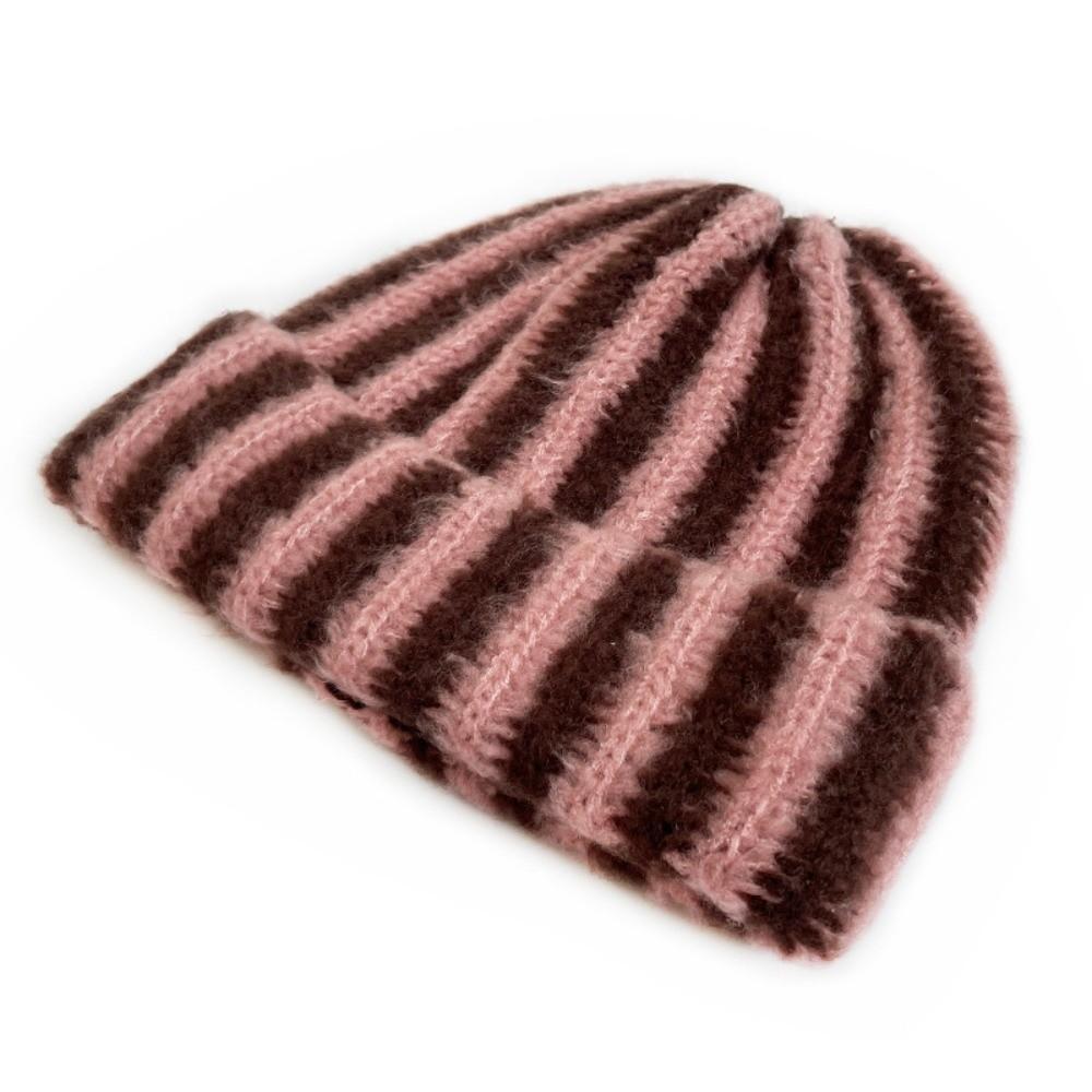 Color Blocked Ribbed Knit Cap Thick Warm Hat Brimless Striped Beanie Hat Outdoor