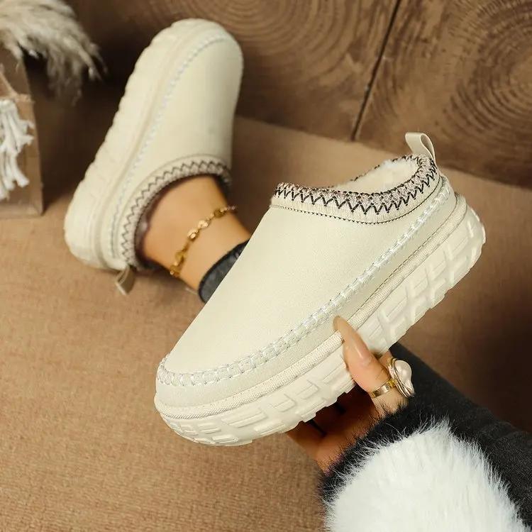 Women's Thick Bottom Snow Boots Fleece Lined Slip-On Slippers Autumn Winter New Style Cotton Plush Clog Slippers
