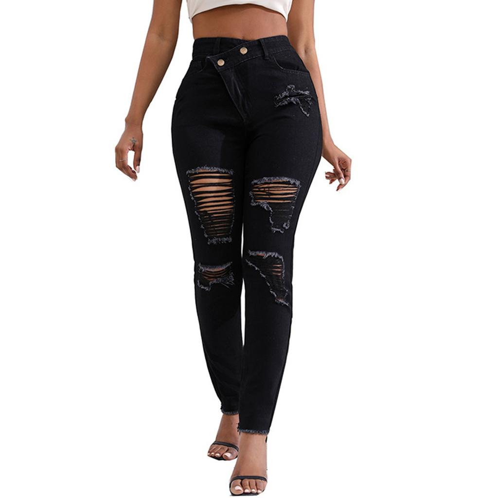 Ripped High Waist Slim Fit Washed Women's Denim Pants