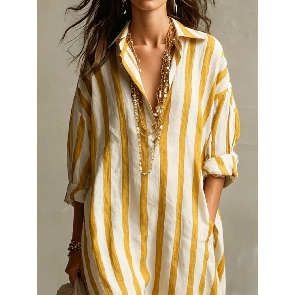 Spring Summer Women's Loose V-Neck Long Striped Printed Shirt Dress, Fashion Casual European American Style Casual Dress