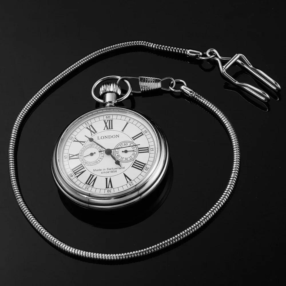 London Double Subdial Hand-Wound Chain Mechanical Pocket Watch Men's Roman Silver Necklace Pendant Clock Gift Vintage Accessory