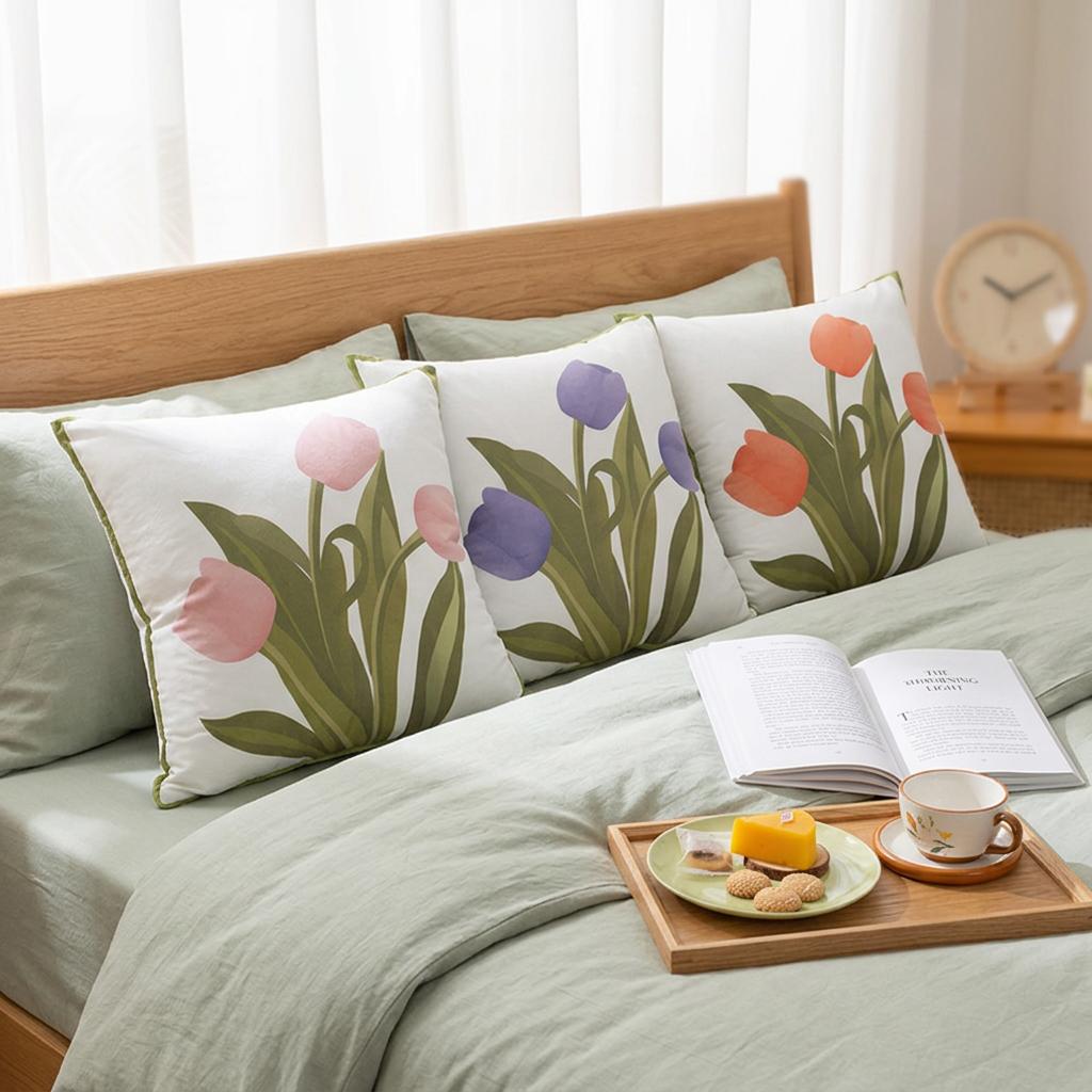 Custom Design Tulip Dutch Plush Eco-Friendly Printed Bohemian Style Throw Pillow Cover for Home & Hotel Use