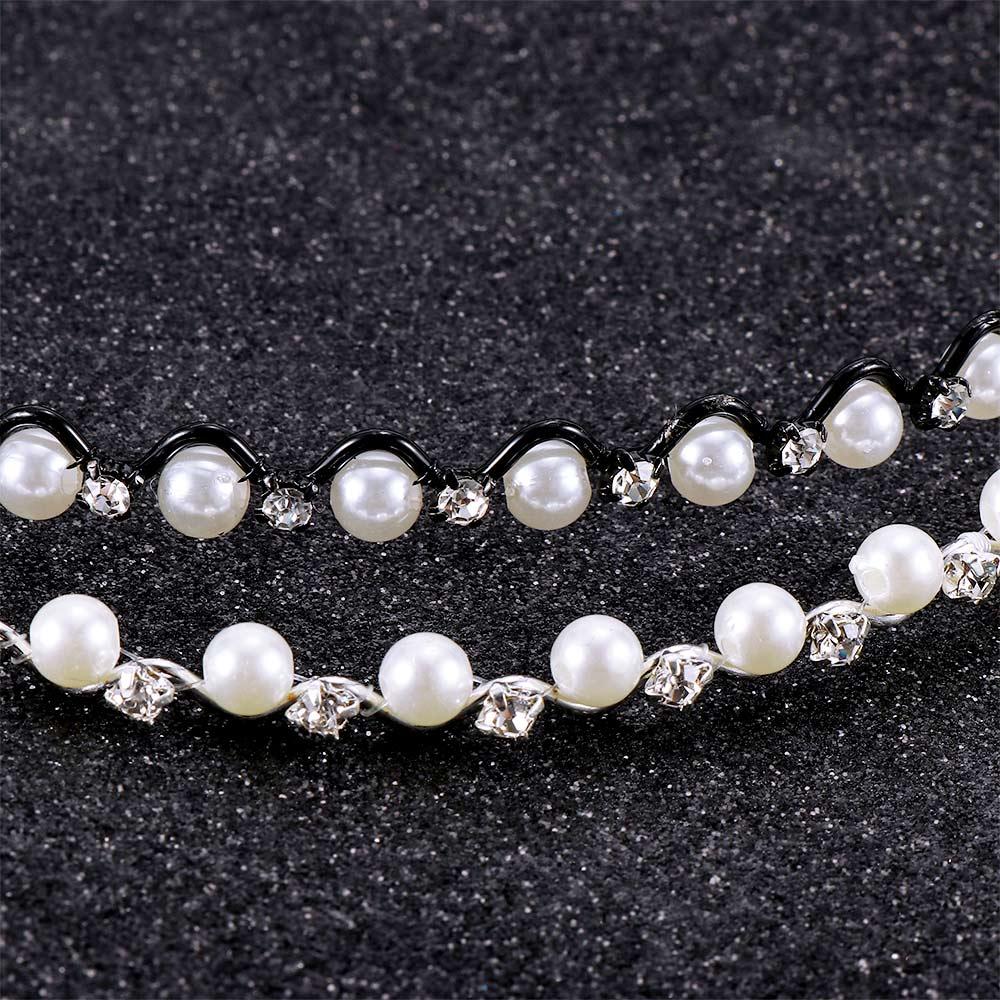 Rhinestone Wedding Jewelry for Women Headwear Black Silver Metal Pearl Crystal Wave Hairband