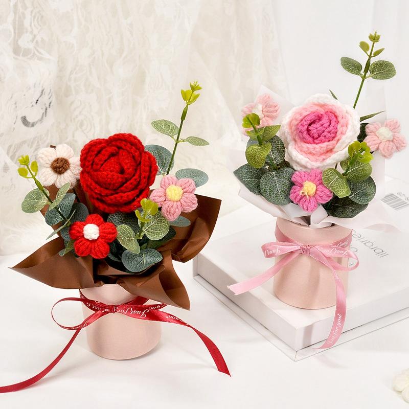 Pink Crochet Flower Bouquet Handmade Knitted Flowers Crochet Lily Roses Sunflowers Bouquet Birthday Graduation Mother's Day Gift